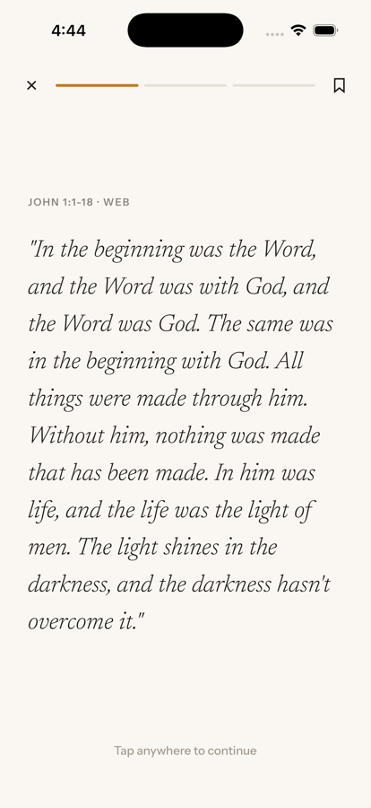 Beat one of the daily card: John 1:1–18 set on its own, in italic serif.