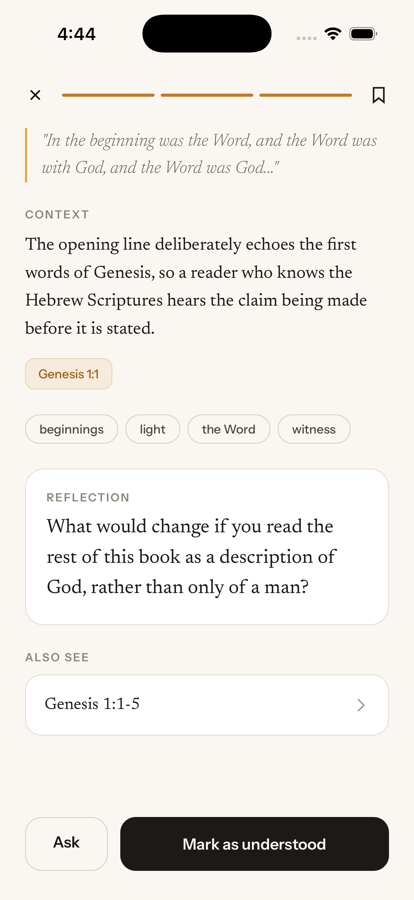 The full card: the verse, its context, source chips, and a reflection question.