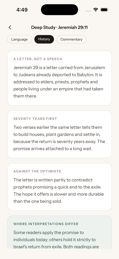 Deep Study on Jeremiah 29:11, History tab: 'A letter, not a speech', 'Seventy years first', and where interpretations differ.