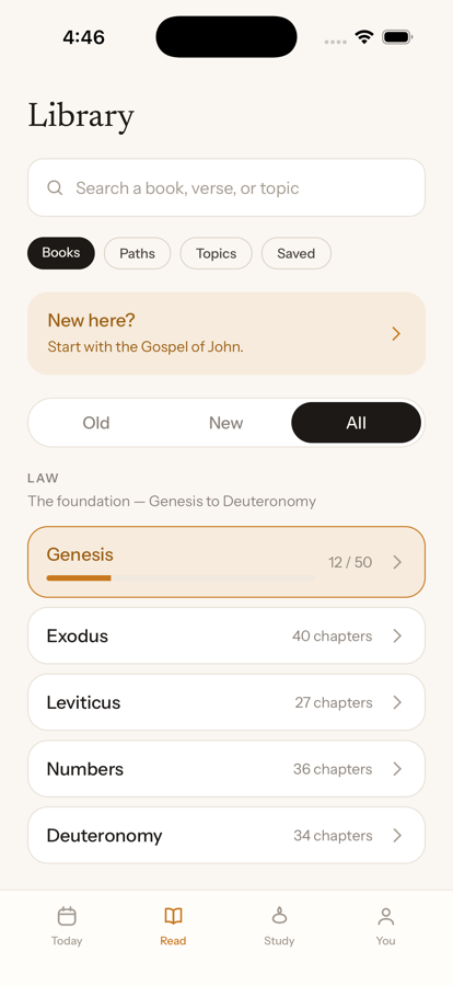 The Library: the Law section labelled 'The foundation — Genesis to Deuteronomy', with Genesis at 12 of 50.