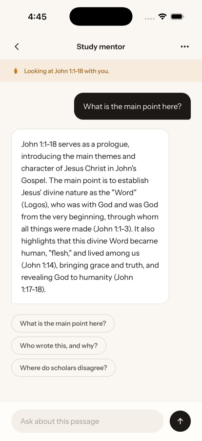 The Study mentor answering 'What is the main point here?' about John 1:1–18, citing John 1:1–3, 1:14 and 1:17–18.