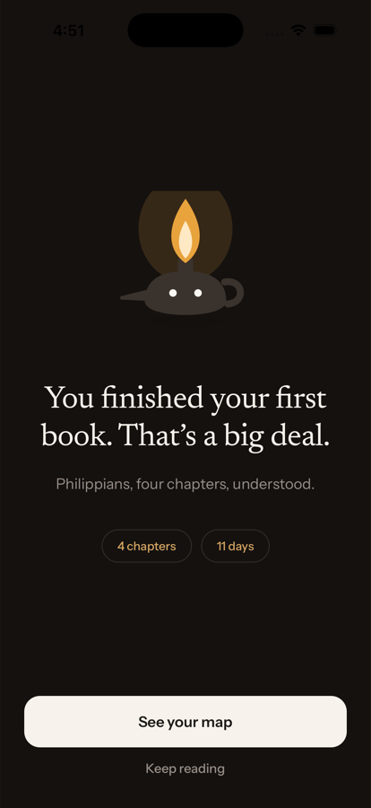 A milestone screen on night background: 'You finished your first book. That's a big deal.' — Philippians, four chapters, eleven days.