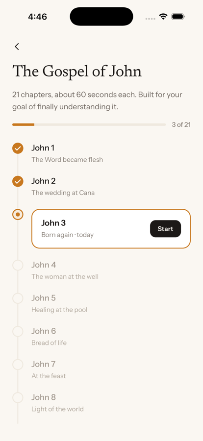 The Gospel of John path: chapters one and two complete, chapter three ready to start.
