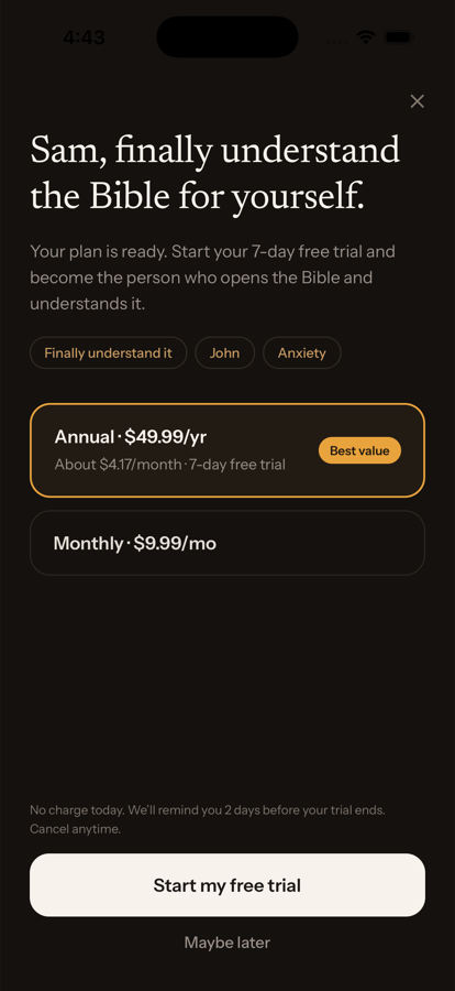 The in-app plan screen showing Annual at $49.99 a year marked Best value, and Monthly at $9.99 a month.