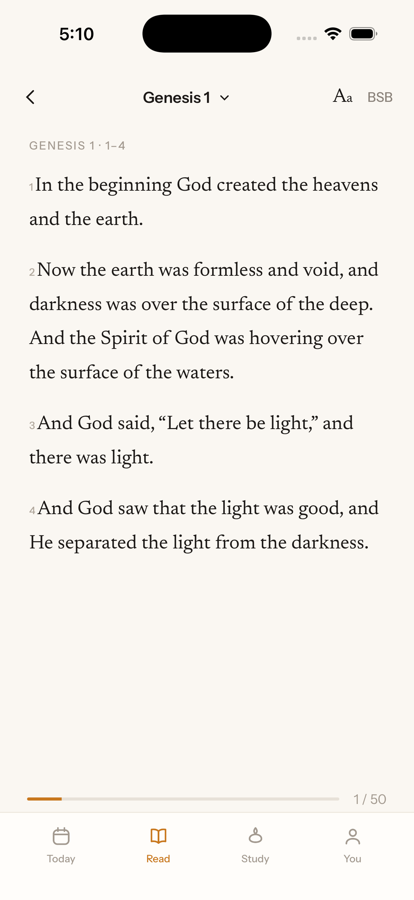 The Reader showing Genesis 1 in the Berean Standard Bible, page one of fifty.