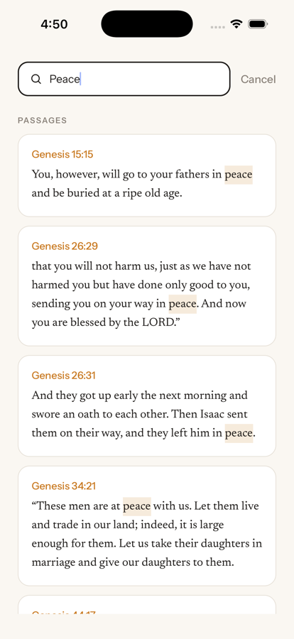 Search results for 'peace': a list of passages with the word highlighted in each.