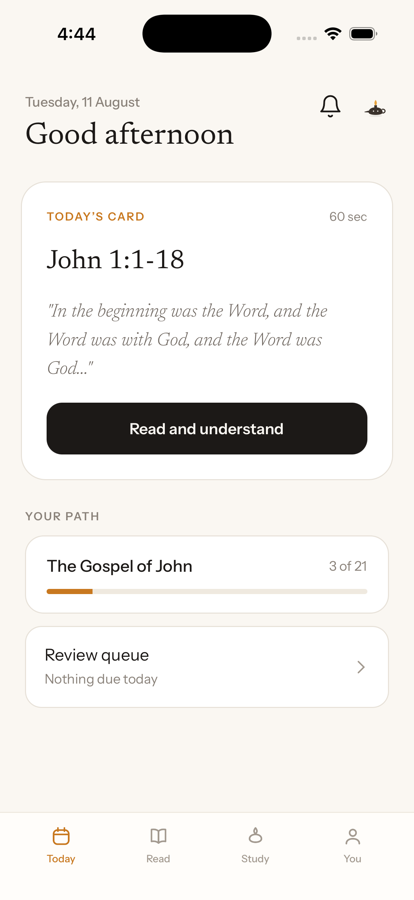 The Today screen: today's card on John 1:1–18, and a Gospel of John path at 3 of 21.